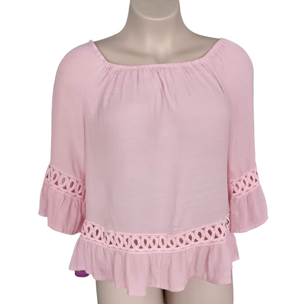 Unique Spectrum Womens Pink XL Peasant Top Crochet Details 3/4 Sleeves